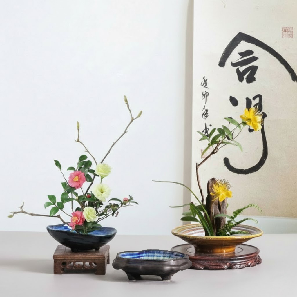 chậu cắm bonsai ikebana dạng đĩa có chân dáng thấp IKE3 thích hợp bày hoa quả trang trí