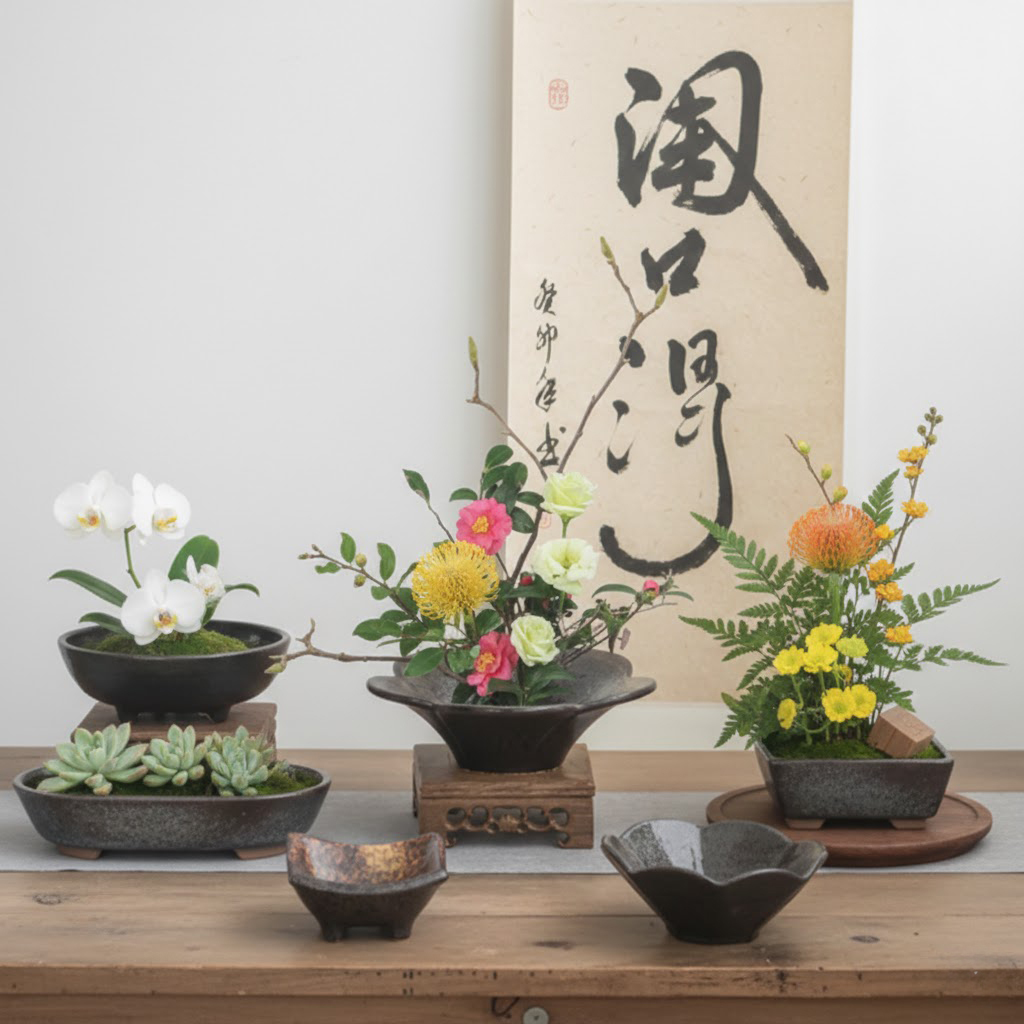 chậu cắm bonsai ikebana dạng bát cách điệu IKE2  thích hợp bày hoa quả trang trí 8,6 10cm