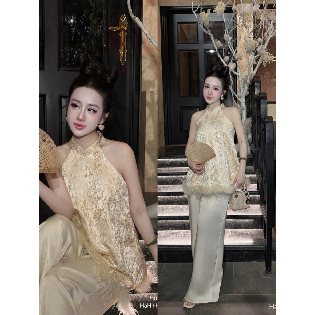 Set yếm lông + quần lụa HB S156