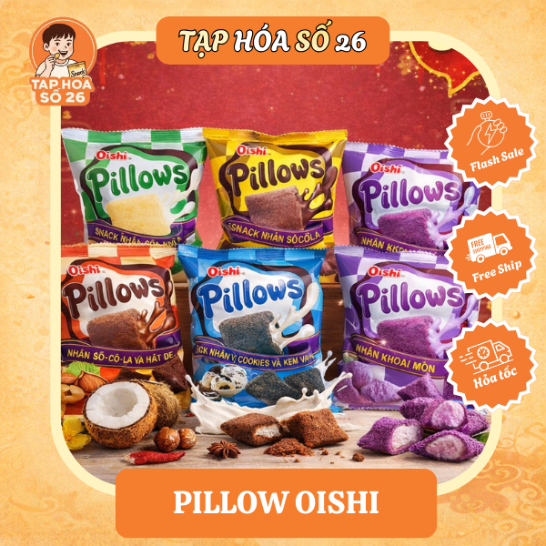 Snack Pillows Oishi | Bimbim nhân Sữa dừa - Socola - Kem vani, Bánh snack nhân kem Oishi