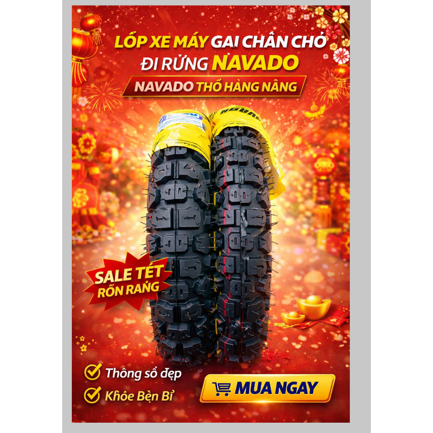 Lốp Xe Máy Gai Chân Chó NAVADO – Bám Đường Mạnh, Đi Rừng, Thồ Hàng Nặng, Bền Khỏe