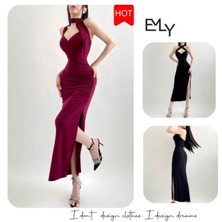 Đầm ôm body midi xẻ tà cổ yếm Emilyshop (T)