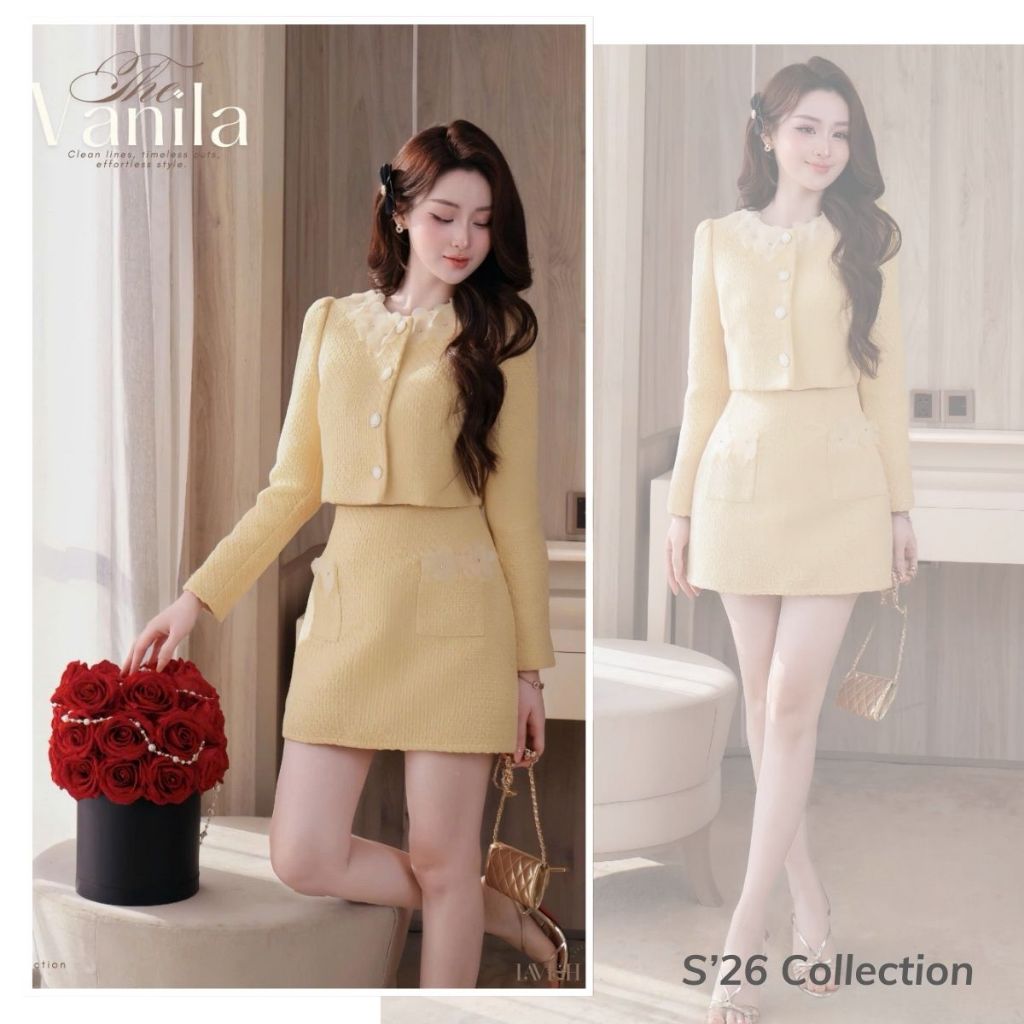 Set Dạ Tweed Vàng Đính Hoa Dáng Ngắn Thanh Lịch, Thoải Mái, Chất Liệu Cao Cấp, Phù Hợp Nhiều Dịp Lav