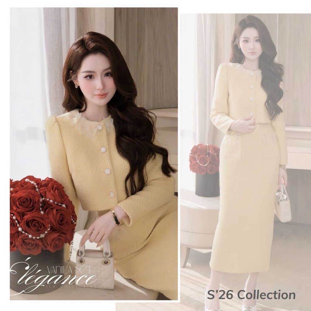 Set Dạ Tweed Vàng Đính Hoa Dáng Dài Thanh Lịch, Thoải Mái, Chất Liệu Cao Cấp, Phù Hợp Nhiều Lavish D