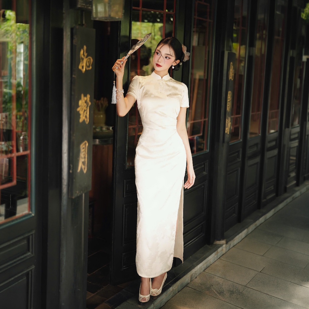 Diên Hy | Váy dài nữ cách tân sang trọng H.I.U Fashion | vải lụa tằm vân hoa xẻ tà cao cấp thanh lịc