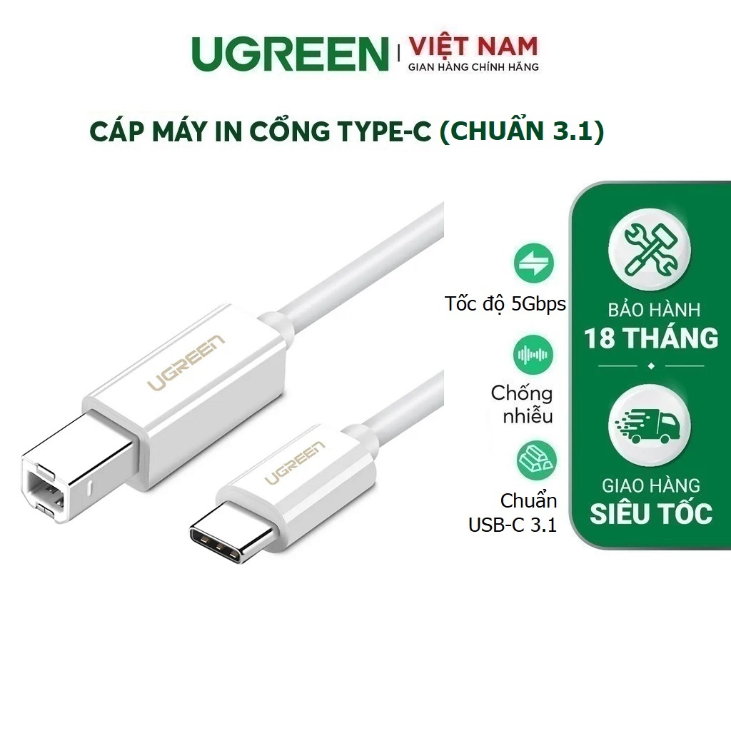 Dây cáp máy in USB Type C sang USB-B (USB-C chuẩn 3.1 ) cao cấp chính hãng Ugreen 40417 - Bảo Hành 1