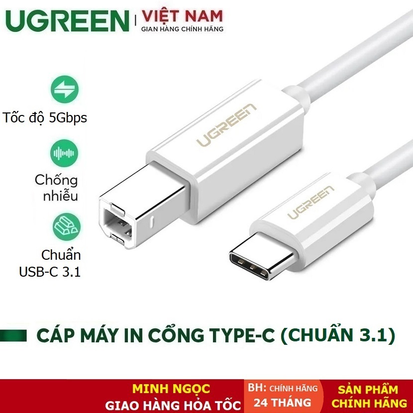 Dây cáp máy in USB Type C sang USB-B tốc độ 5Gbps chính hãng Ugreen 40417 cao cấp - Bảo Hành 18 Thán