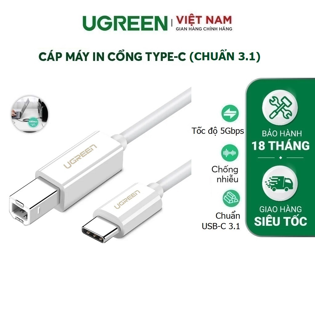 Dây cáp máy in USB Type C sang USB (USB Type-C chuẩn 3.1 ) chính hãng Ugreen 40417 - Bảo Hành 18 Thá