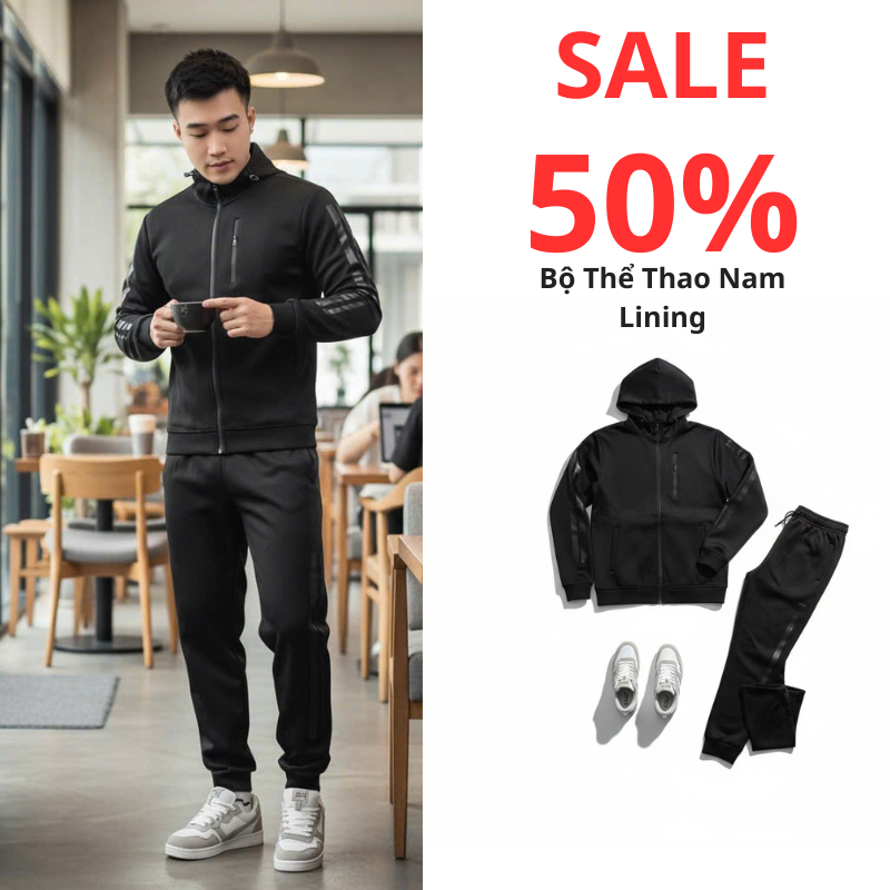 Bộ Nỉ Nam Lining Thu Đông Cao Cấp – Áo Khoác Nỉ Có Mũ + Quần Nỉ Nam Thể Thao, Mặc Đi Chơi Đi Làm
