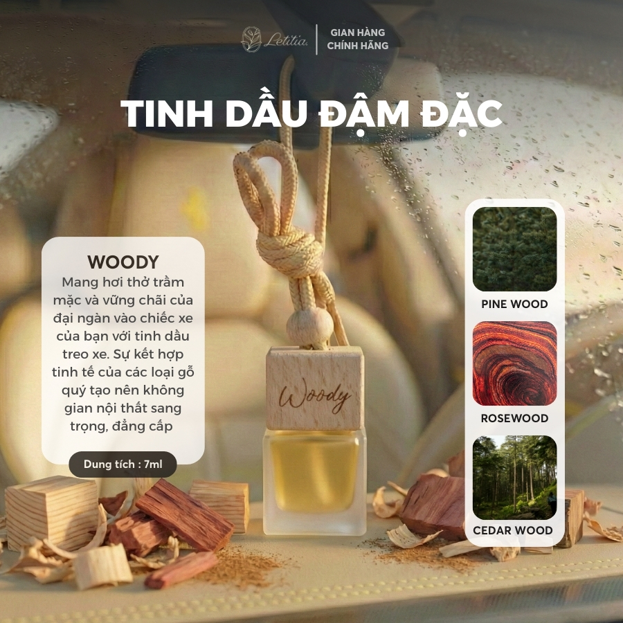 Tinh Dầu Nước Hoa Treo Xe / Tủ Quần Áo Letitia Hương Woody Giúp Khử Mùi, Chống Say Xe, Thư Giãn