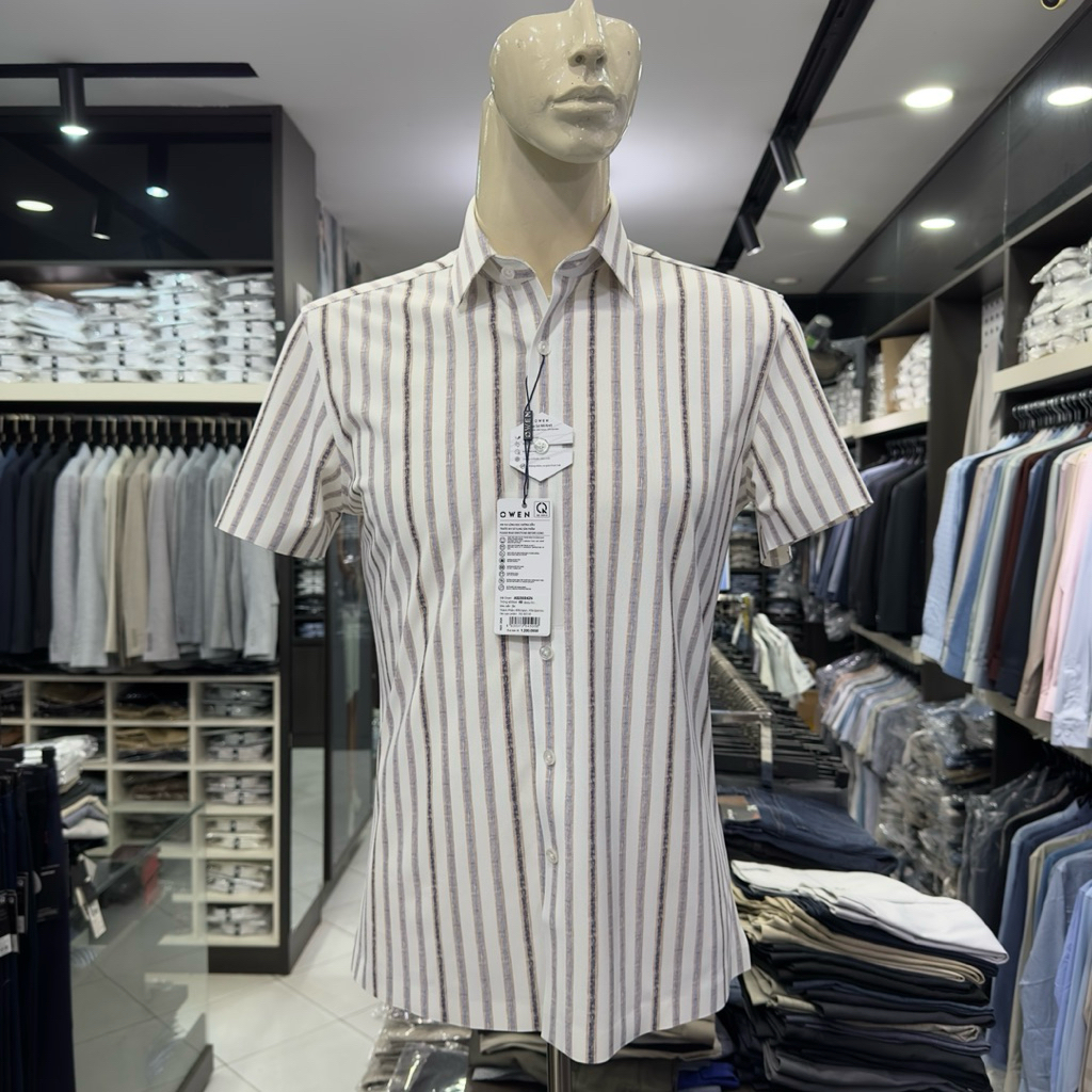 Áo sơ mi nam Owen ngắn tay màu be kẻ sọc body fit vạt ngang vải knit cao cấp AB256042N