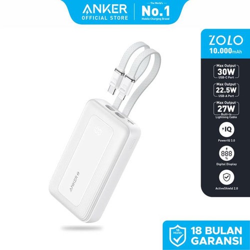 Pin Sạc Dự Phòng Anker Zolo A1680 - 30W - 10.000 mAh - Tích Hợp 2 Dây Sạc - Hàng Viettel Phân Phối
