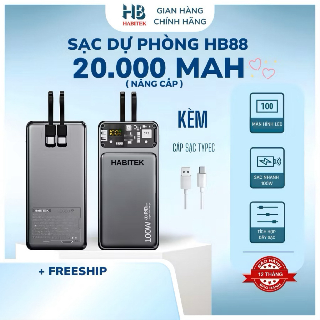 Pin Sạc Dự Phòng 20.000mah dự phòng HABITEK, Hỗ Trợ Sạc Nhanh 66W/20W Cho Điện Thoại | Màn LED | Chí