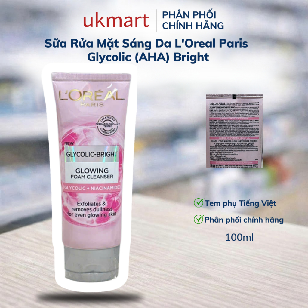 Sữa rửa mặt sáng da L'Oreal Paris Glycolic (AHA) Bright 100ml Glycolic-Bright Glowing Daily Cleanser