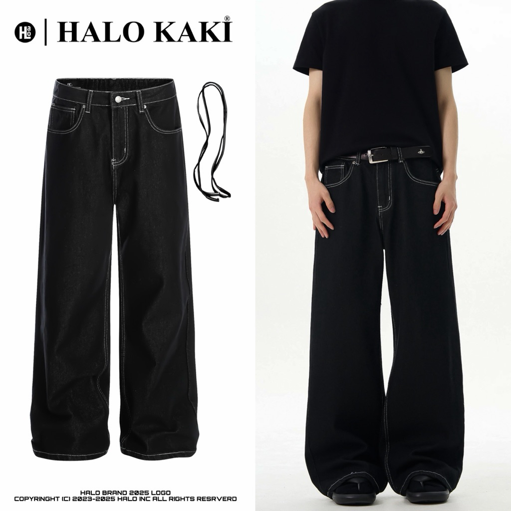 ĐEN CHỈ NỔI ỐNG RỘNG [TẶNG KÈM DÂY THỪNG] - Quần jeans ông rộng phủ gót chùm giày halo kaki | BigBuy360 - bigbuy360.vn