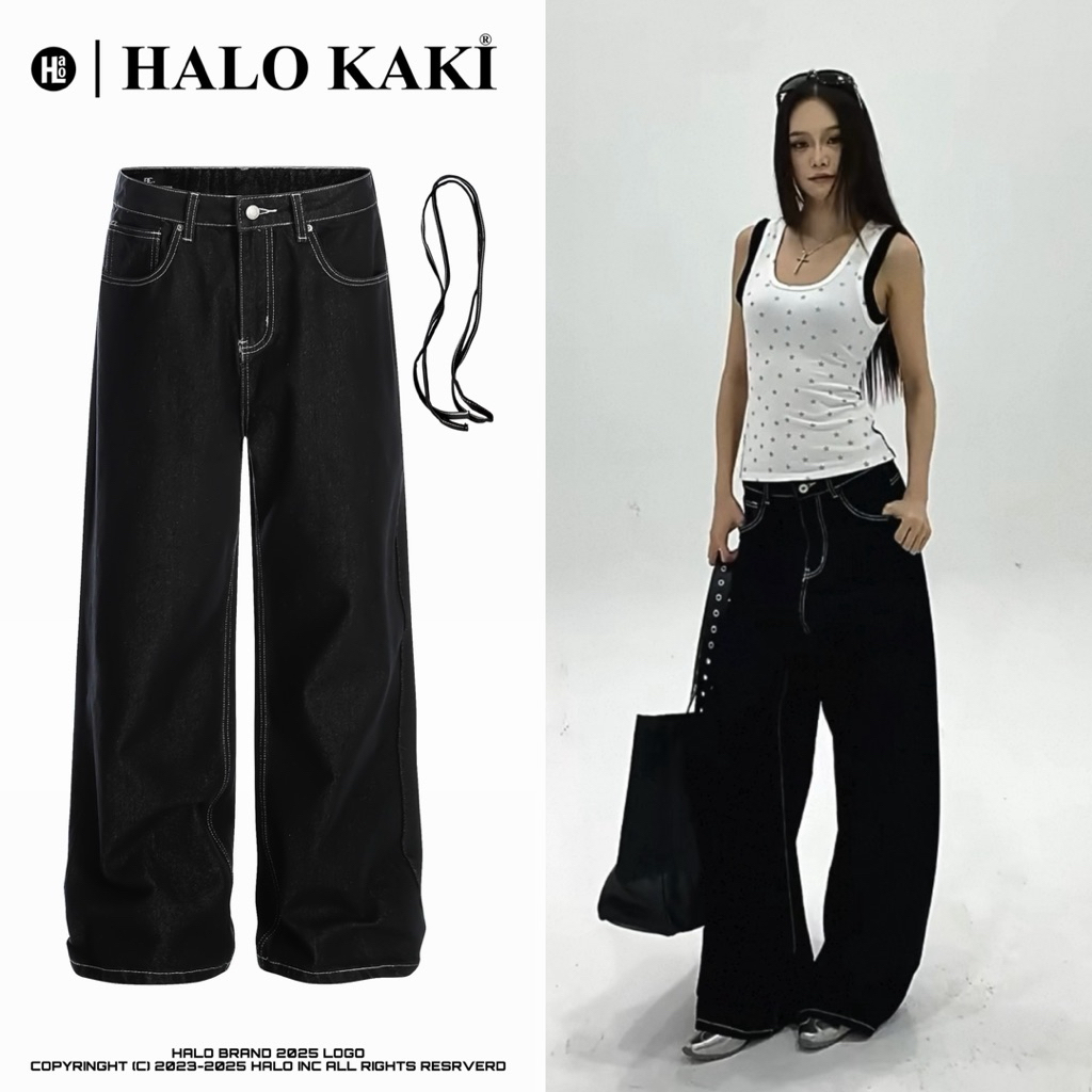 ĐEN CHỈ NỔI ỐNG RỘNG [TẶNG KÈM DÂY THỪNG] - Quần jeans ông rộng phủ gót chùm giày halo kaki | BigBuy360 - bigbuy360.vn