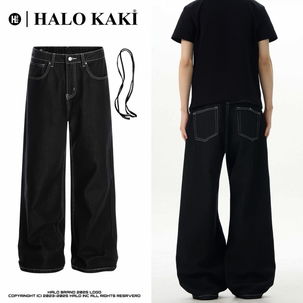 ĐEN CHỈ NỔI ỐNG RỘNG [TẶNG KÈM DÂY THỪNG] - Quần jeans ông rộng phủ gót chùm giày halo kaki | BigBuy360 - bigbuy360.vn