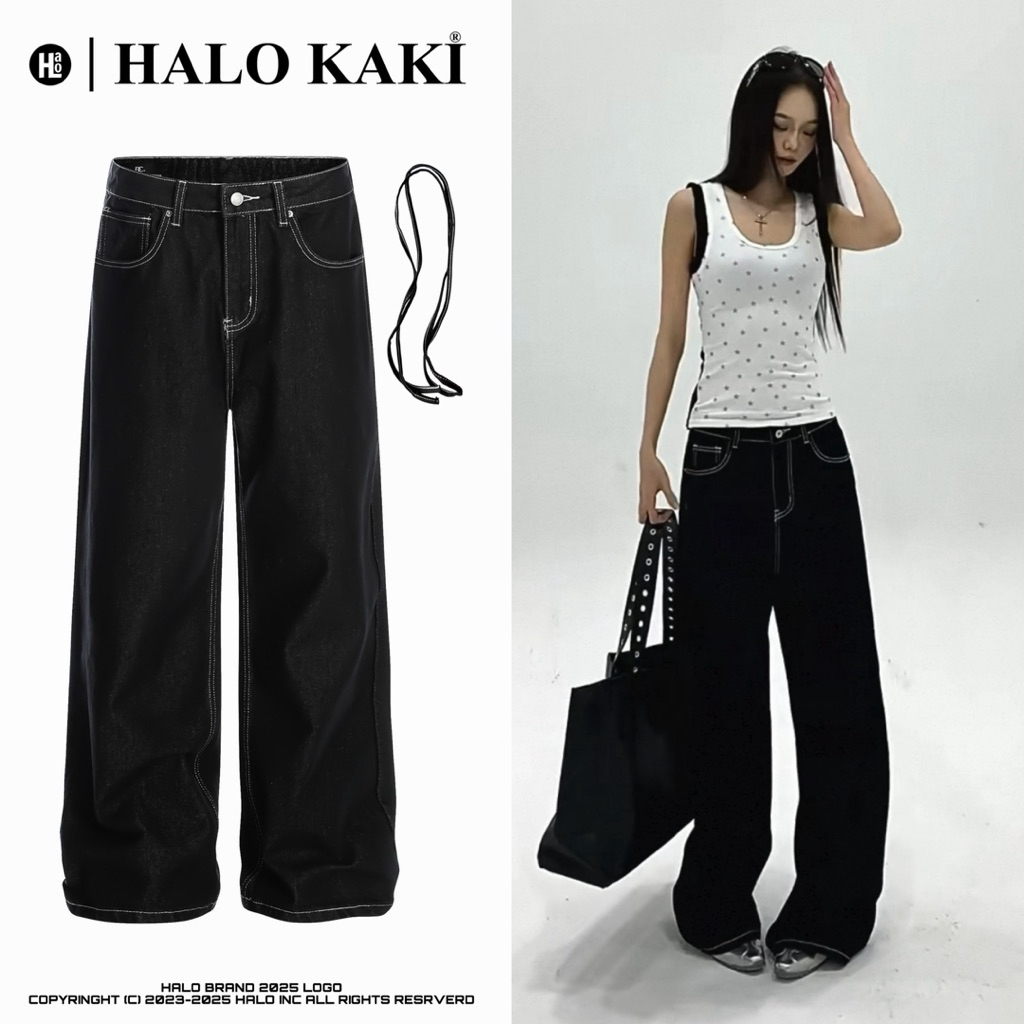ĐEN CHỈ NỔI ỐNG RỘNG [TẶNG KÈM DÂY THỪNG] - Quần jeans ông rộng phủ gót chùm giày halo kaki | BigBuy360 - bigbuy360.vn