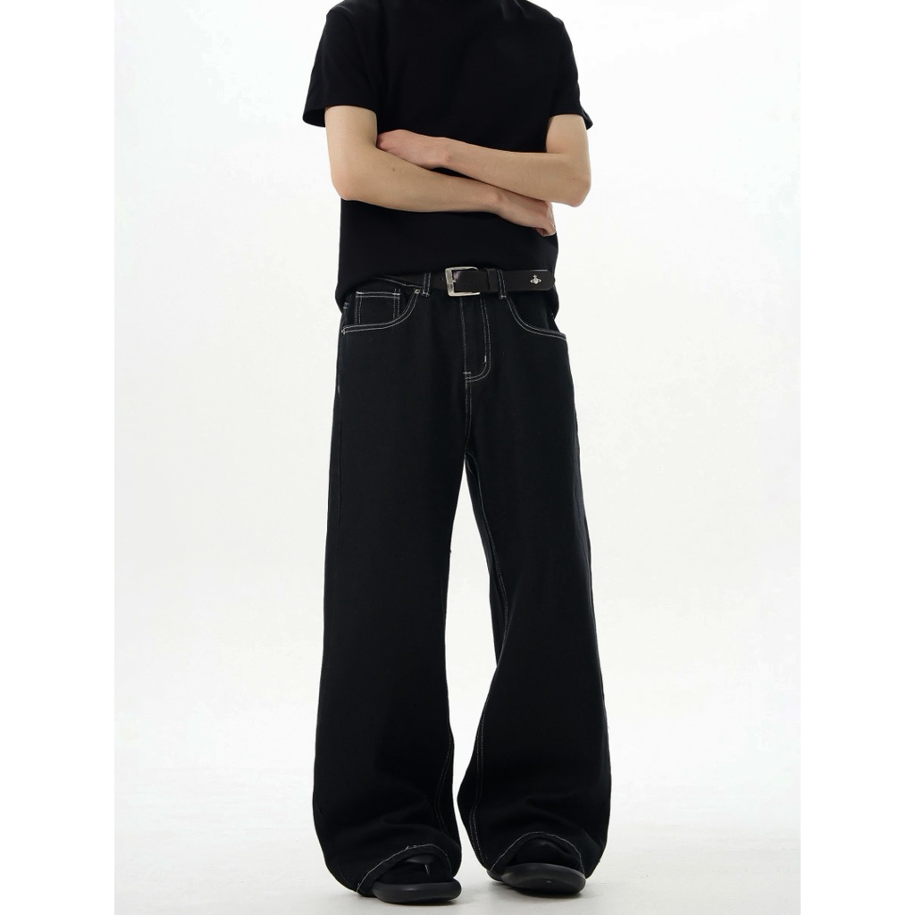 ĐEN CHỈ NỔI ỐNG RỘNG [TẶNG KÈM DÂY THỪNG] - Quần jeans ông rộng phủ gót chùm giày halo kaki | BigBuy360 - bigbuy360.vn