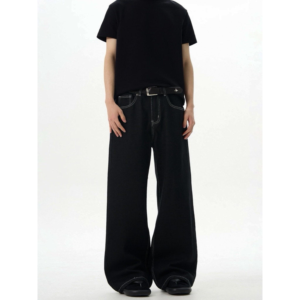 ĐEN CHỈ NỔI ỐNG RỘNG [TẶNG KÈM DÂY THỪNG] - Quần jeans ông rộng phủ gót chùm giày halo kaki | BigBuy360 - bigbuy360.vn