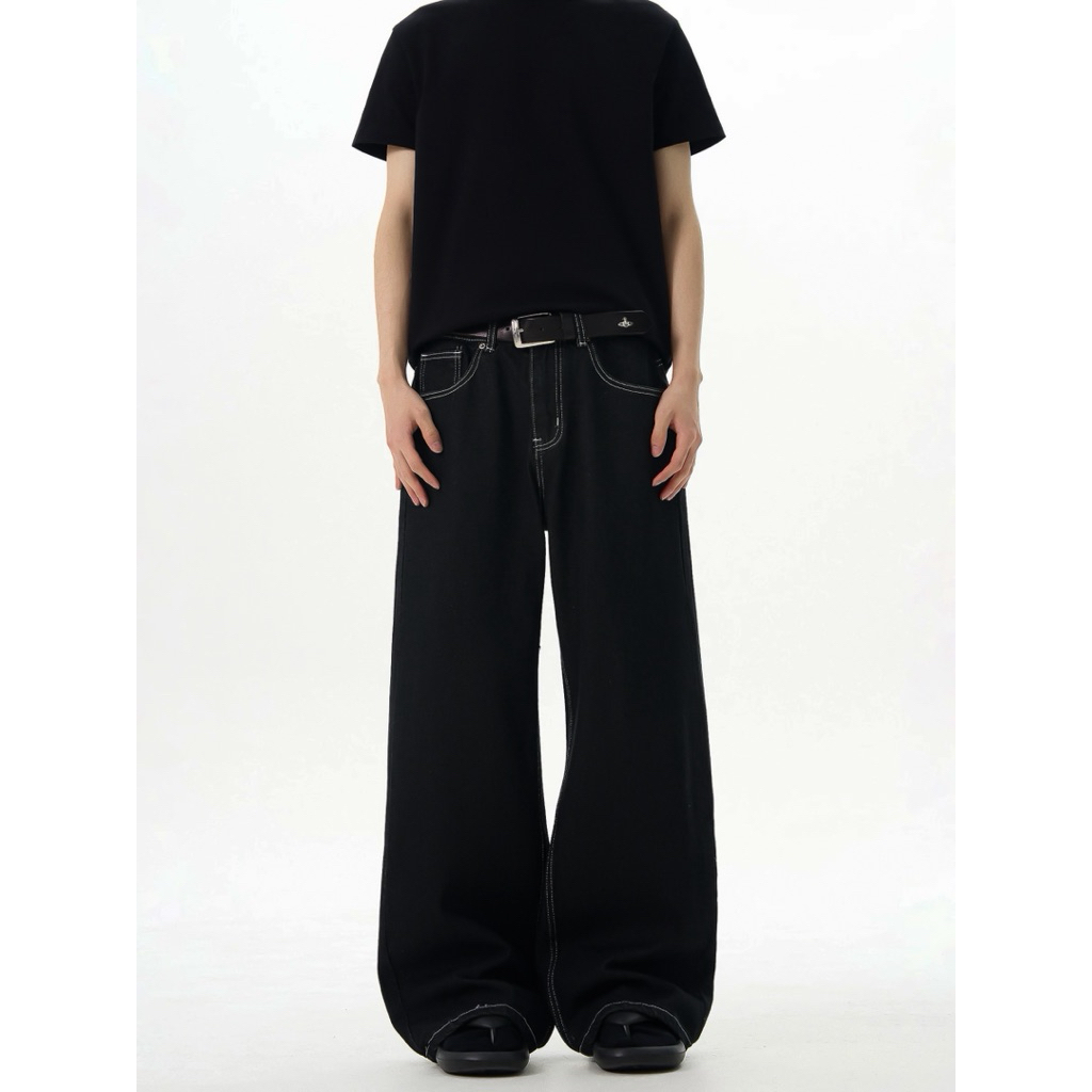 ĐEN CHỈ NỔI ỐNG RỘNG [TẶNG KÈM DÂY THỪNG] - Quần jeans ông rộng phủ gót chùm giày halo kaki | BigBuy360 - bigbuy360.vn