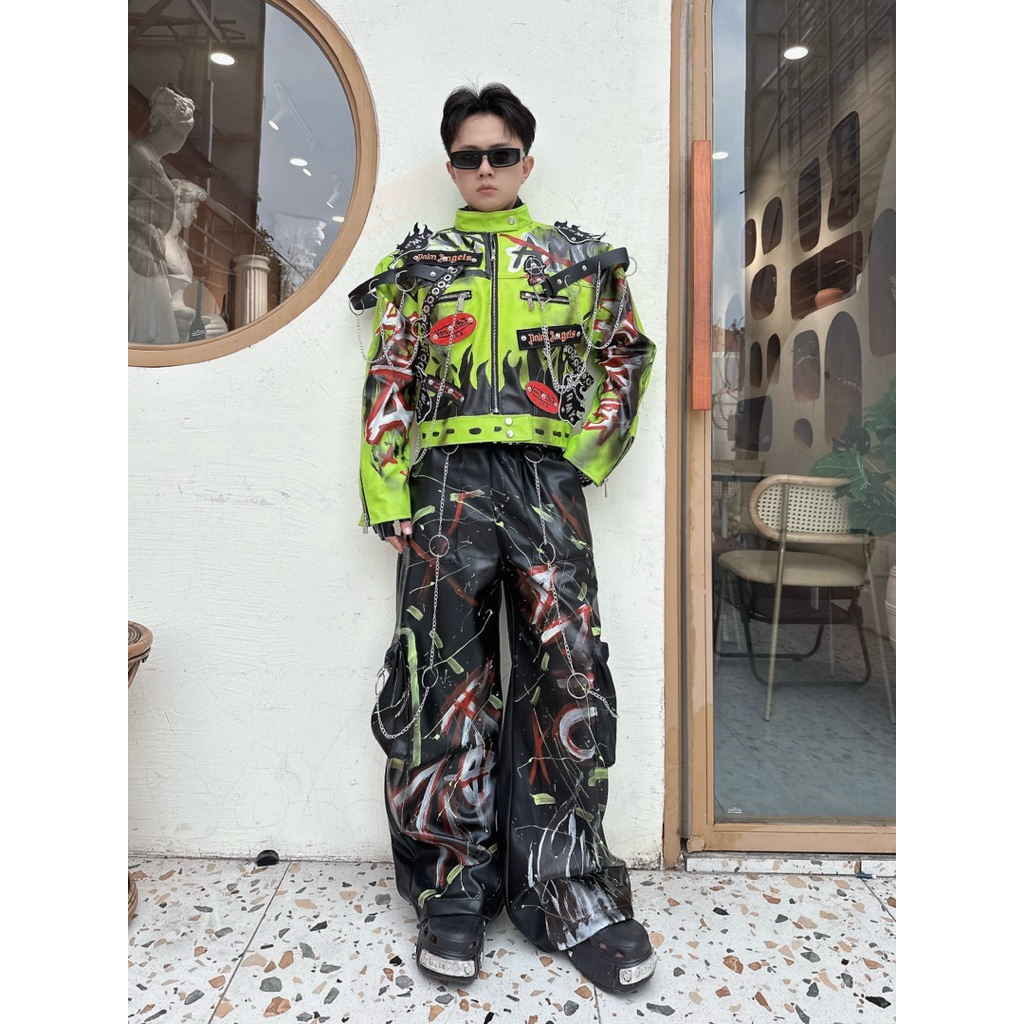 Áo khoác da xanh neon custom fire chain + quần da đen ống rộng custom chain KELSHOP