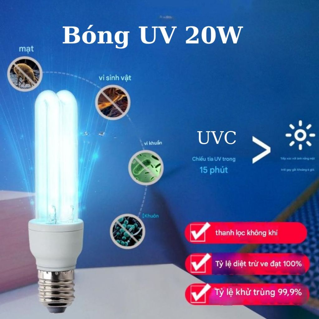Bóng Đèn UV 20W Đui Xoáy E27 – Dùng Diệt Vi Khuẩn, Virus, Nấm Mốc