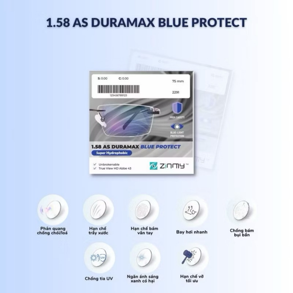 Tròng kính chống ánh sáng xanh chống bể Zinmy 1.58  Duramax