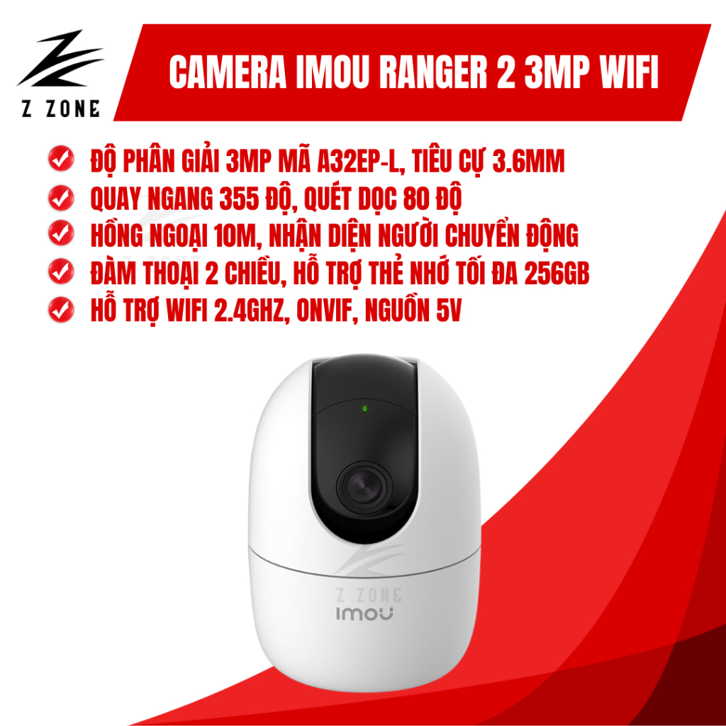 Camera Imou A32 Wifi 3MP Ranger 2 quay quét 360 độ, đàm thoại 2 chiều