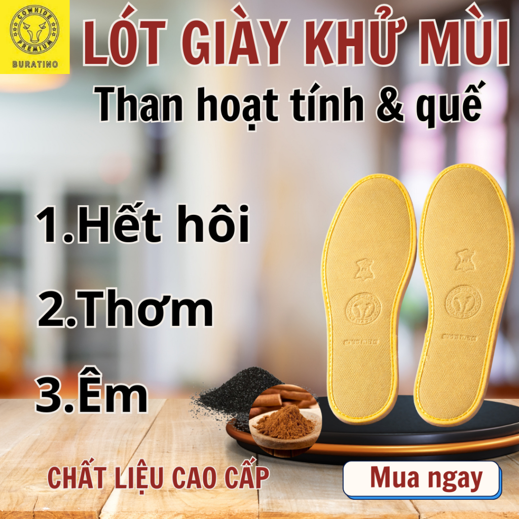 Lót giày than hoạt tính & quế khử mùi hôi chân, hút ẩm thoáng khí, kháng nấm khuẩn, êm chân thơm chân nam nữ - Buratino