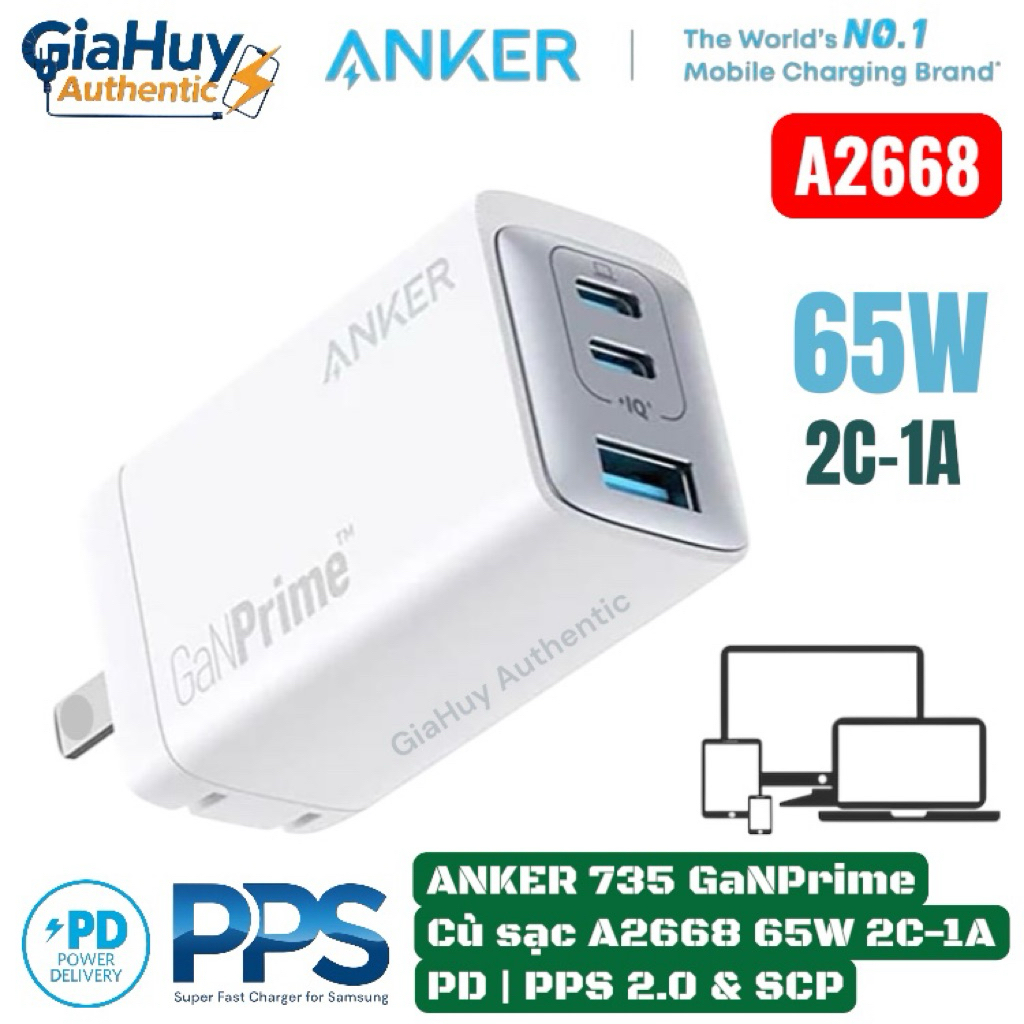 Củ sạc nhanh ANKER 735 GaNPrime 65W 2C-1A PD/PPS 2.0 & SCP - Mã hàng A2668