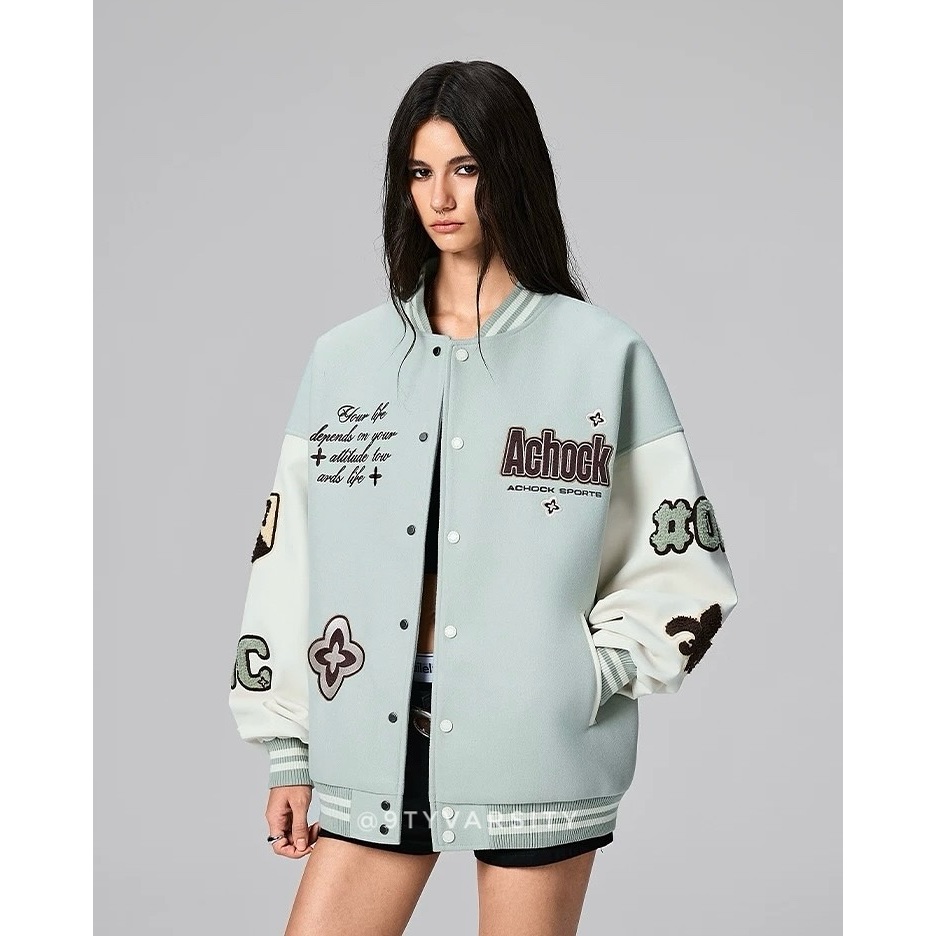 Áo khoác Varsity Bomber Jacket Achock SPORT tay da hoạ tiết thêu áo 2 lớp
