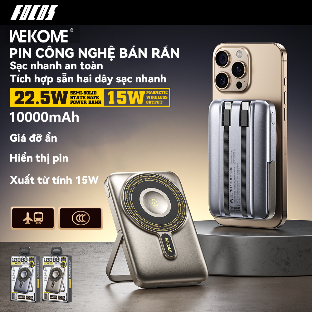 Wekome Sạc Dự Phòng Bán Rắn 10000mAh 22.5W | Dây Tích Hợp Type-C và Lig Cho iPhone và Android Đa Thi
