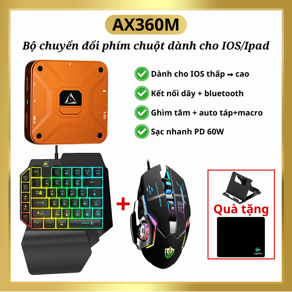 Bộ chuyển đổi AX360M và bàn phím chuột dành cho IOS, iPad - không cần Jailbreak