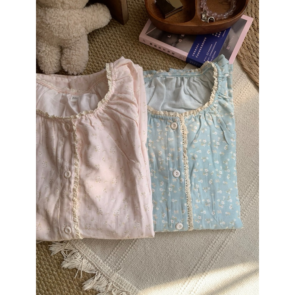 𝑩𝒊𝒔𝒕𝒓𝒐𝒗𝒊𝒏𝒕𝒂𝒈𝒆 𝑷𝒚𝒋𝒂𝒎𝒂  ･ﾟ☾ ˖* Floral Vibes | Bộ đồ ngủ dễ thương cotton đũi 100% hoa nhí pastel