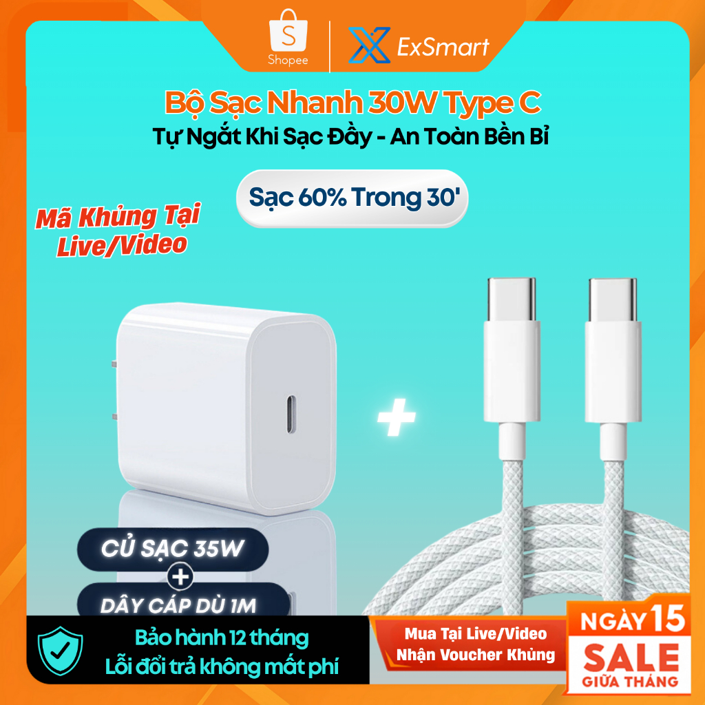 Bộ sạc nhanh 30W Type C Exsmart Củ Sạc Nhanh PD30W Dây Bọc Dù Tự Ngắt Khi Sạc Đầy Chống Gãy Gập Độ B