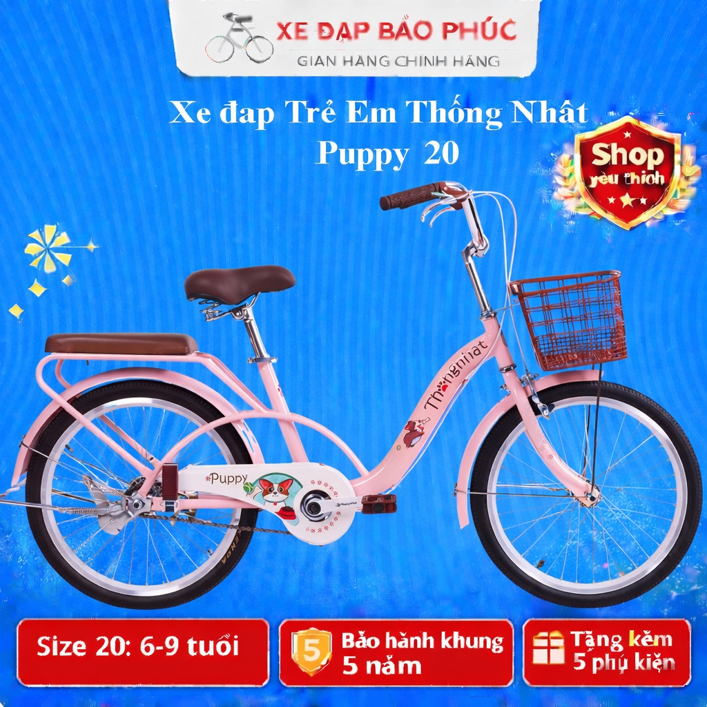 Xe Đạp mini Trẻ Em Thống Nhất Puppy 20 inch,Wahama HQ (Tặngdènphảnquang+lục) khung thép chắc chắn