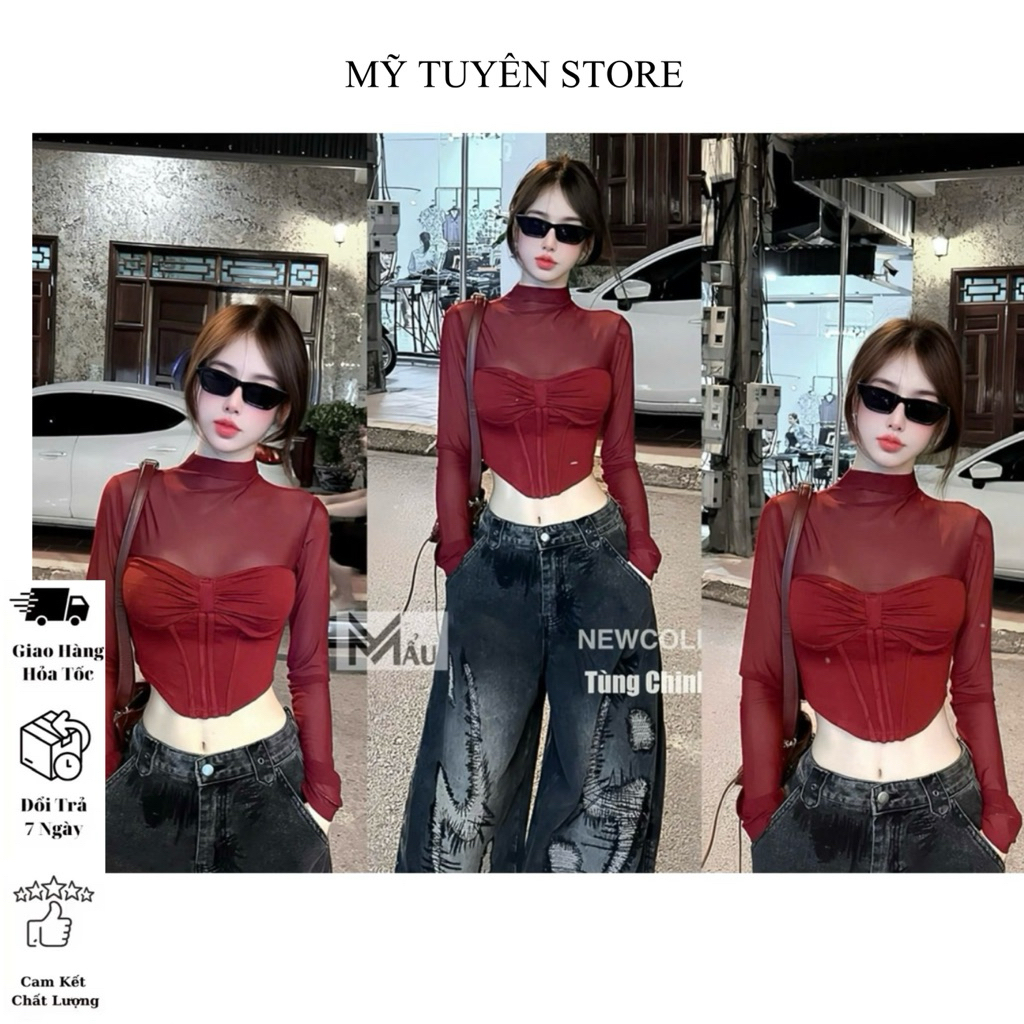 MTS01- Áo Thun Tay Dài Crotop Phối Lưới Cá Tính Freesize Dưới 55kg