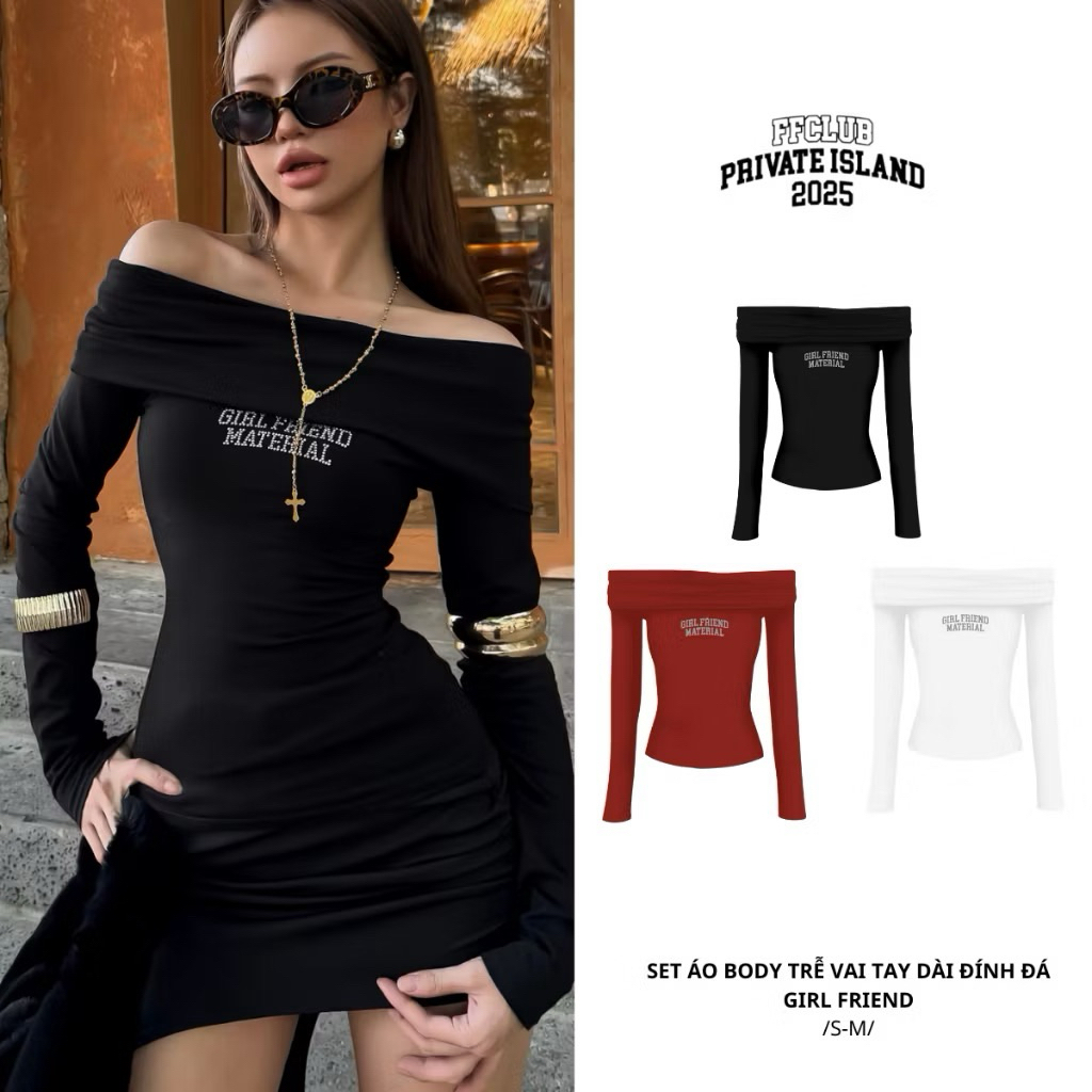 *SALE* Set áo body trễ vai tay dài đính đá màu trắng GF & váy kim sa xám FFCLUB (mới)