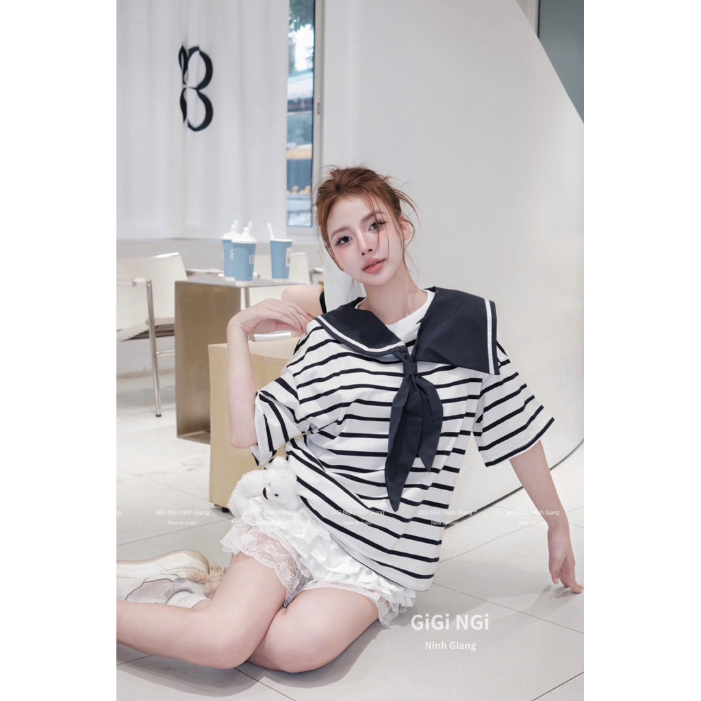 Hana Store- Áo kẻ thuỷ thủ gắn gấu siêu xinh