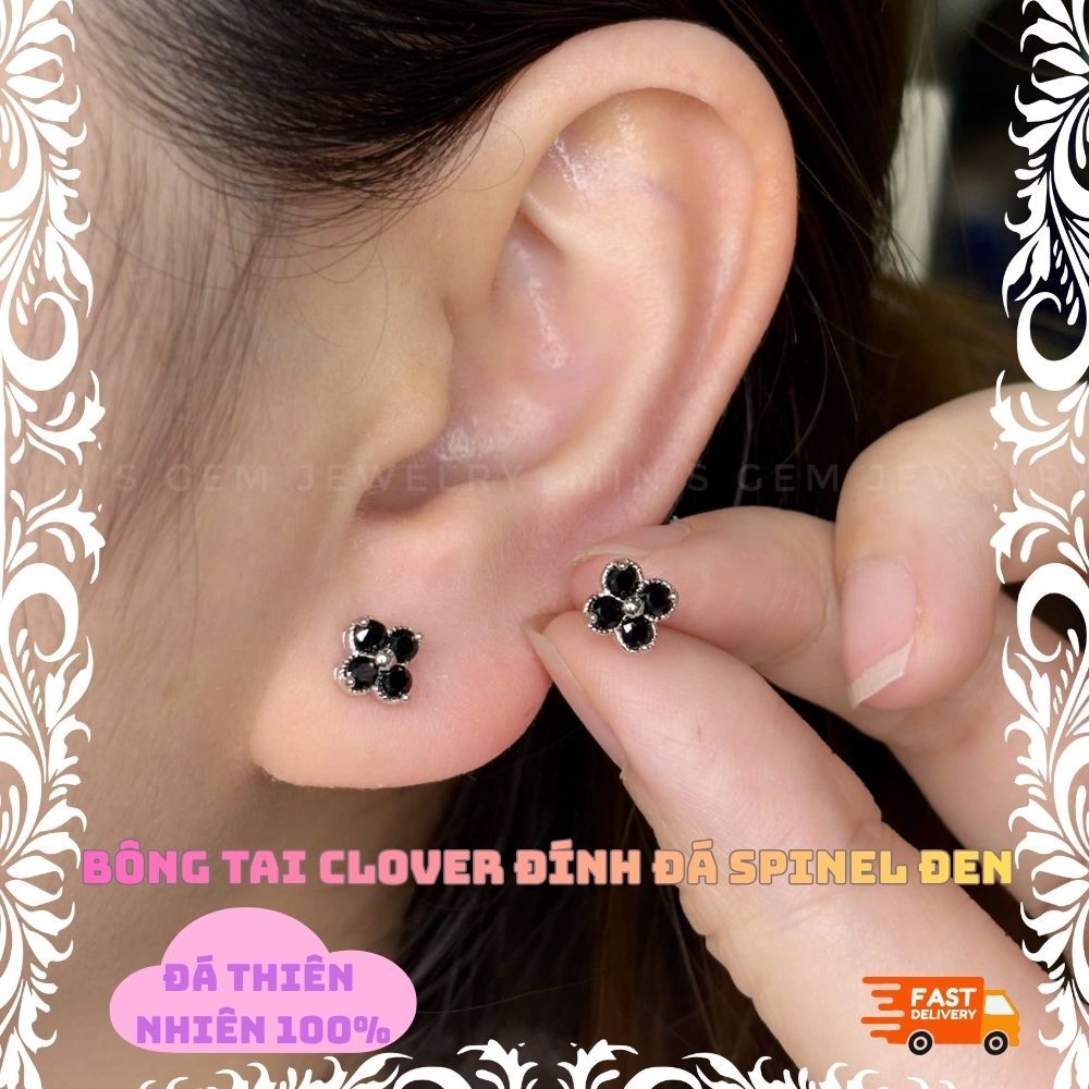 Bông Tai Clover Đính Đá Spinel Đen