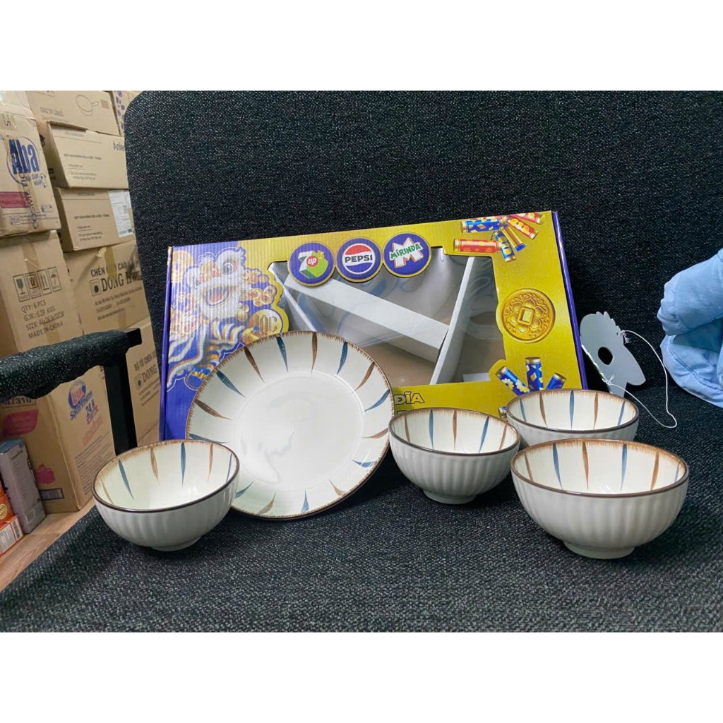 BỘ CHÉN ĐĨA GỐM TRÁNG MEN HOA VĂN QUÀ TẶNG PEPSI