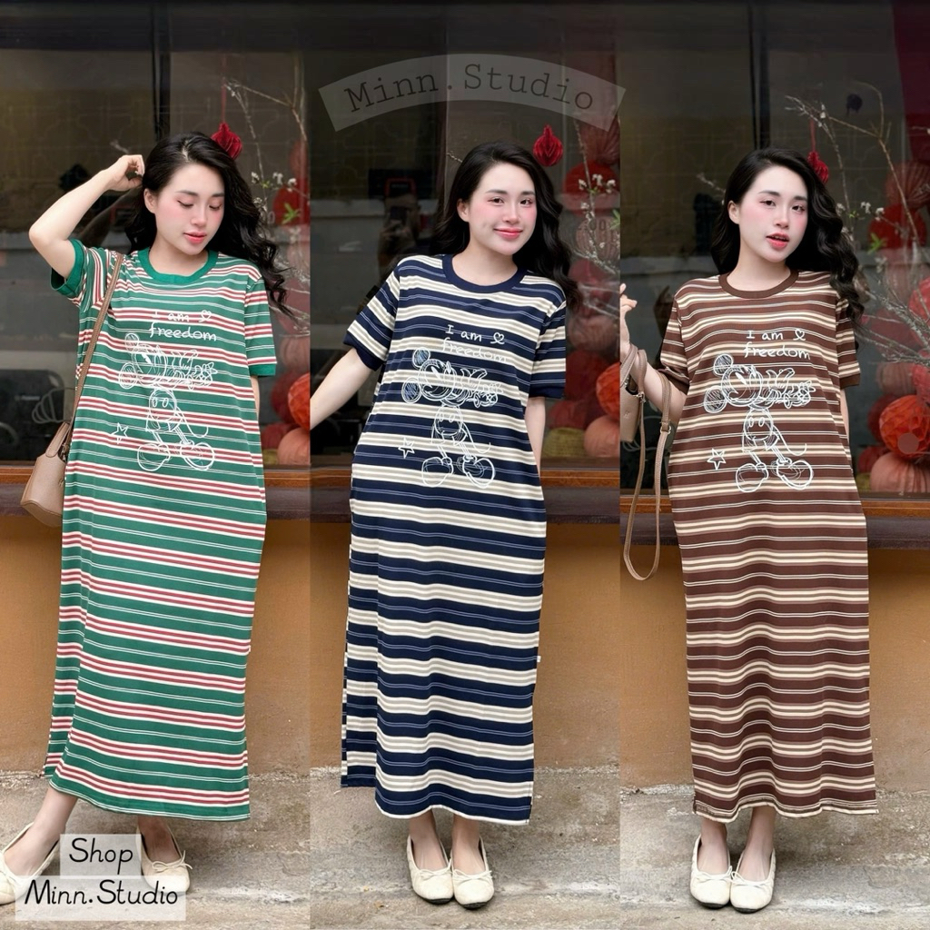 [Minn.studio] Váy Thun Cotton Kẻ Cộc Tay In Micky. Chất Dày Dặn, Co Dãn Nhiều (Hàng Chuẩn Mẫu)-KM3
