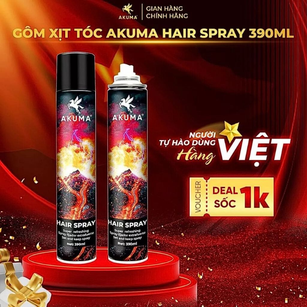 Gôm Xịt Giữ Nếp Tóc AKUMA HAIR SPRAY 390ml Hương Nước Hoa Chính Hãng Akuma Tặng Lược Bán Nguyệt Tạo 