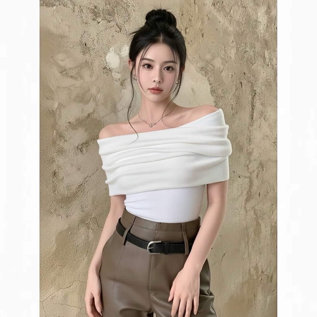 Áo Trễ Vai Bẻ Vai Nhún Vai Tay Ngắn Chất zip (AH01)) | BigBuy360 - bigbuy360.vn