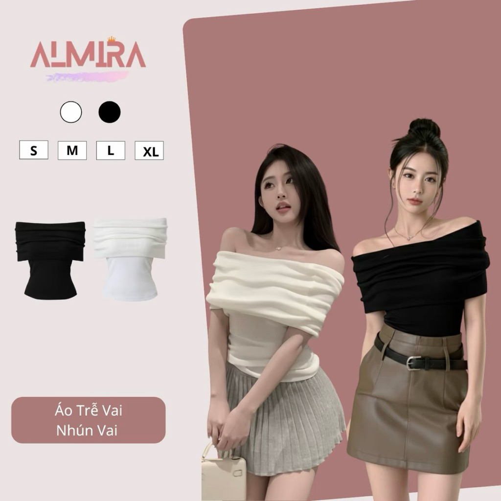 Áo Trễ Vai Bẻ Vai Nhún Vai Tay Ngắn Chất zip (AH01)) | BigBuy360 - bigbuy360.vn