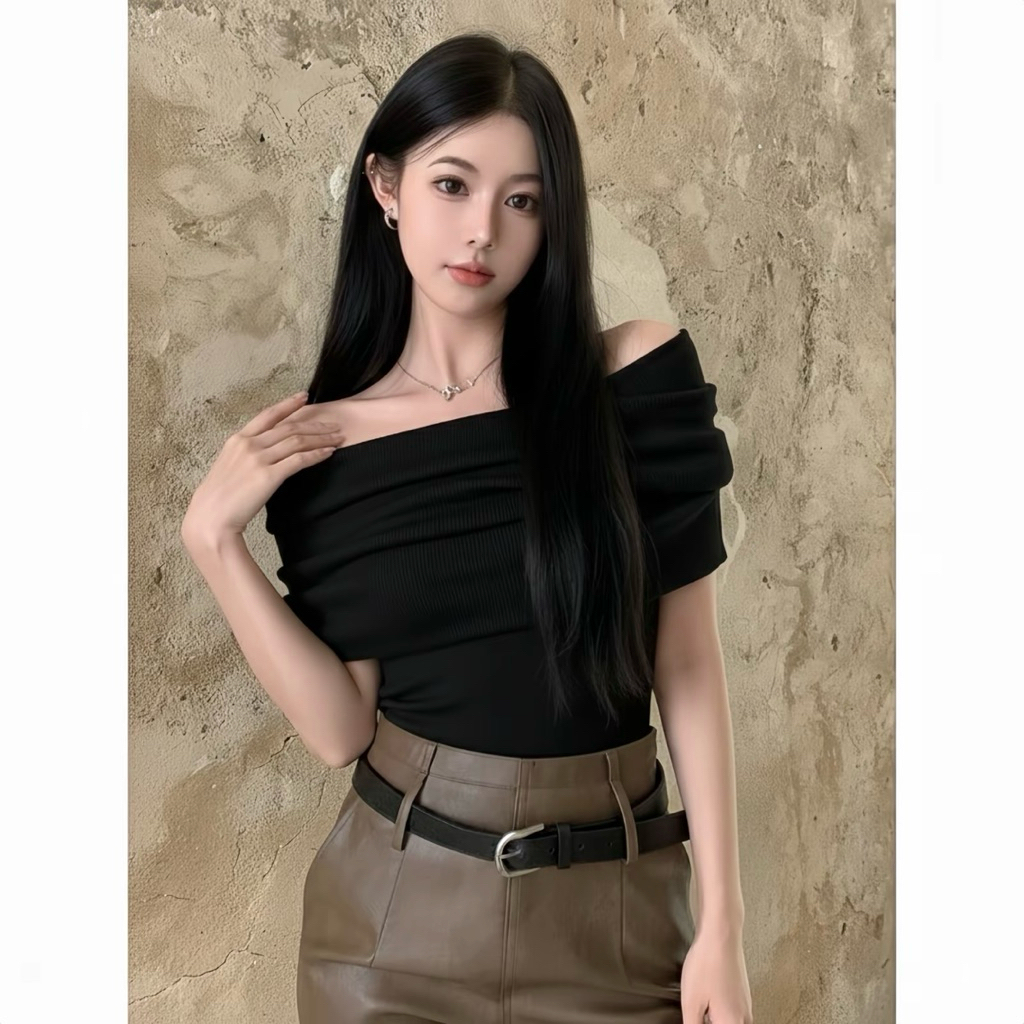 Áo Trễ Vai Bẻ Vai Nhún Vai Tay Ngắn Chất zip (AH01)) | BigBuy360 - bigbuy360.vn