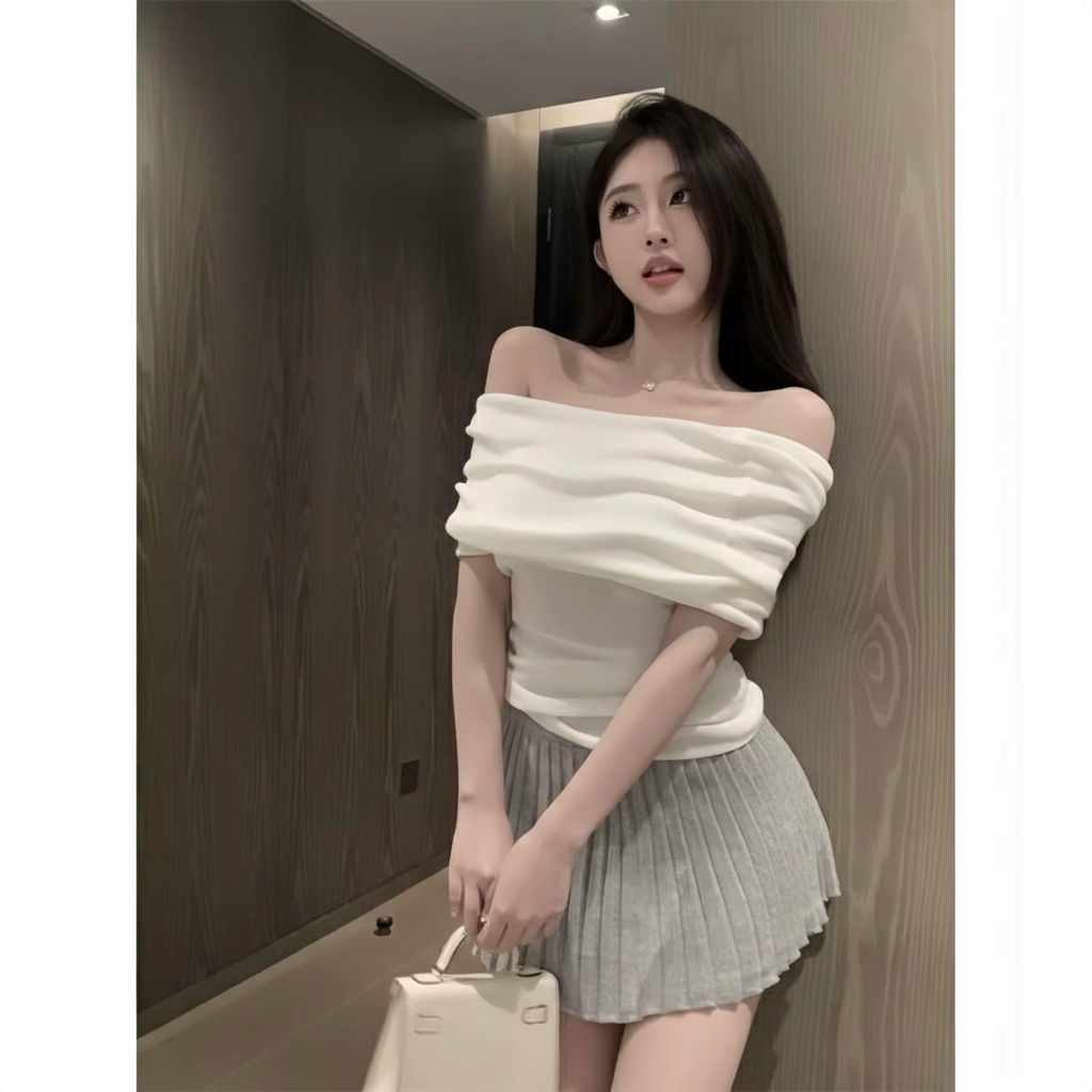 Áo Trễ Vai Bẻ Vai Nhún Vai Tay Ngắn Chất zip (AH01)) | BigBuy360 - bigbuy360.vn