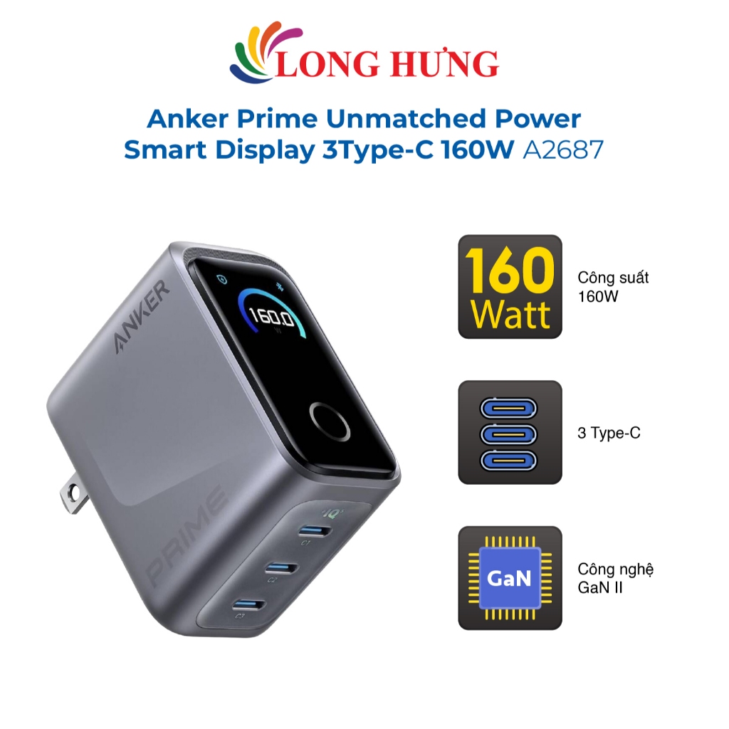 Cốc sạc Anker Prime Unmatched Power Smart Display 3Type-C 160W A2687 - Hàng chính hãng