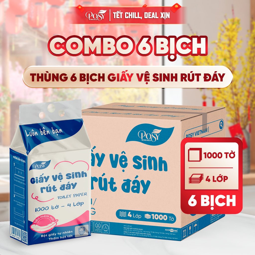 [GIÁ DÙNG THỬ]_ S2_ Thùng 6 bịch giấy vệ sinh rút đáy POSY 1000 tờ 4 lớp dập vân 4D mềm mại, êm ái, 